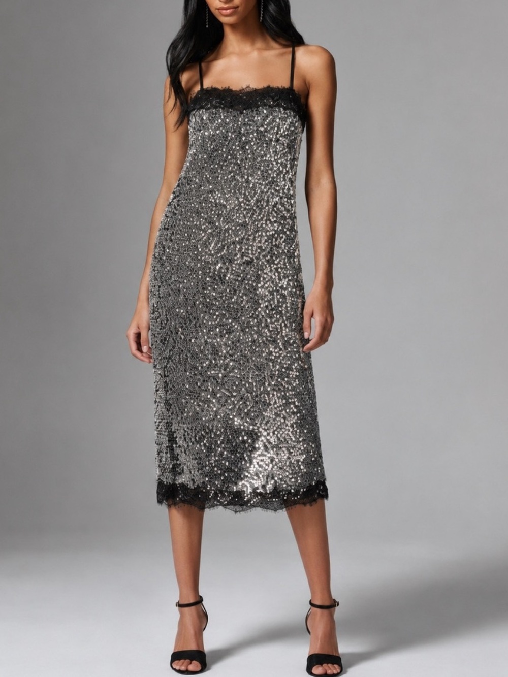 Gianni Bini x Lilly Sisto Allegra Sequin Lace Trim Midi Slip Dress Size 4 & 8